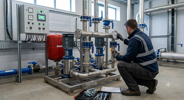 Engineer inspecting a commercial booster pump system while performing how to service a water pump maintenance check to prevent equipment failure.