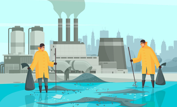 Illustration of factories releasing contaminated water into rivers, representing sewage and wastewater pollution and environmental contamination.