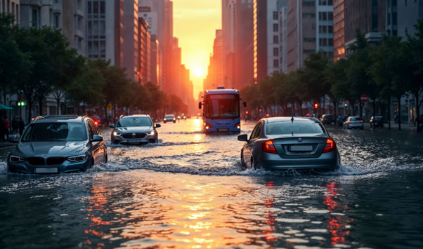 Flooded urban landscape after severe storm conditions, representing combined sewer overflow problems and the risk of urban flooding.